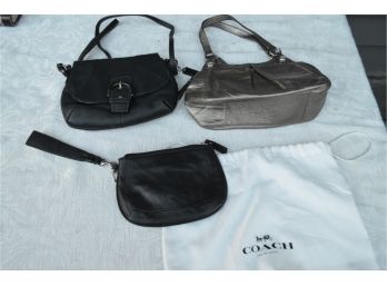 (#67) 3 Coach Handbags, Wristlet, Crossbody And With Duster, Pewter Handbag