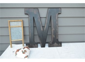 (#41) Home Room Decor Large 'M', Hanging Planter, Wash Board