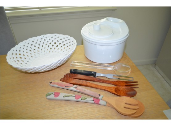 Ceramic Basket Weave Bowl, Salad Spinner, Kitchen Tools