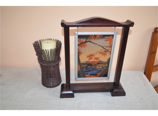 (#20) Framed Picture And Metal Candle Holder