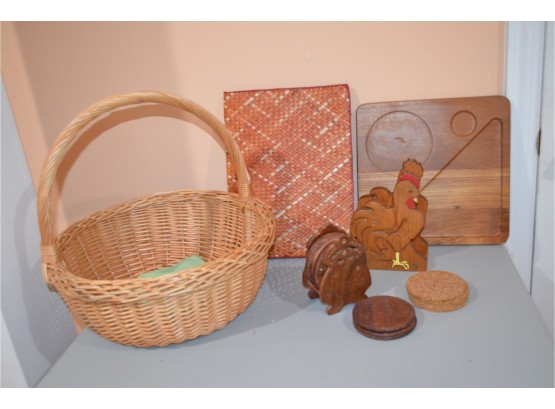Basket, Wood Coasters And Coaster Holder