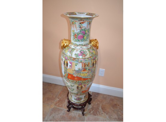 (#16) Asian Porcelain Floor Standing Vase With Stand 43'H