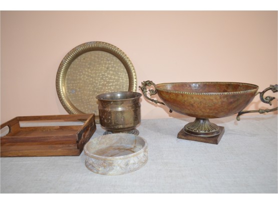(#4) Metal Bowl, Brass Round Tray, Wood Tray