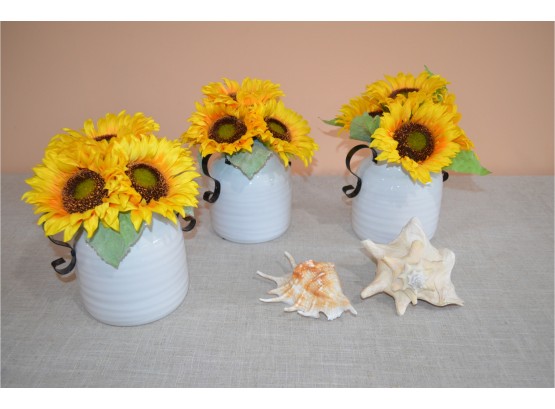 Faux Sun Flowers Plant And Planter With Shells
