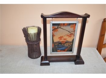 (#20) Framed Picture And Metal Candle Holder