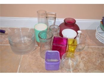 (#40) Assortment Of Glass Vases And Milk Glass, 2 Salad Glass Bowls