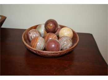 Decorative Stone Eggs In Wooden Bowl