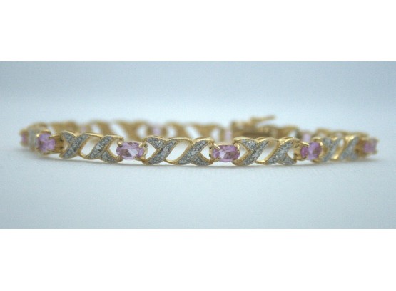 'X' & 'O' Bracelets / Stamped 925 EAS/ CZ Pink Stone/   Size:7 1/2'