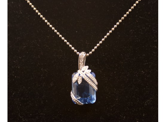Simulated Blue Topaz Pendent/ Stamped 925 &  Cz - Chain: Stamped 925/ 17'