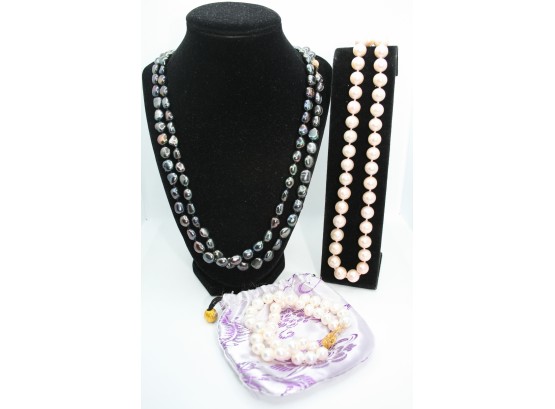 2 Pearl Necklaces & 1 Double Strand Bracelet