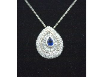 Pear Shape Pendent/Stamped 925/ CZ & Simulated Sapphire / China- Chain Stamped/925/18'