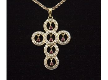 Cross Pendent 2-toned With Simulated Ruby Stones /stamped 925/cz - Chain 925/italy/FAS/ 18'