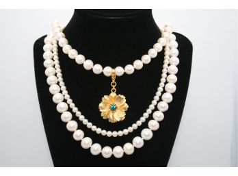 3 Pearls Necklaces/1-Flower Pendent /stamped SHN/china/2-Pearls Stamped W/china/ Petite Pearls