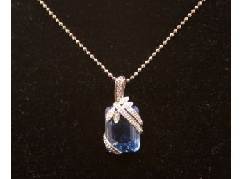 Simulated Blue Topaz Pendent/ Stamped 925 &  Cz - Chain: Stamped 925/ 17'