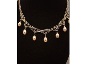 Pearl & Silver Ball Chain Necklace/ 16' W/3' Extra Chain Length