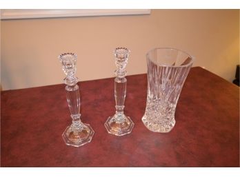 (2) Crystal Candle Stick Holders, Vase
