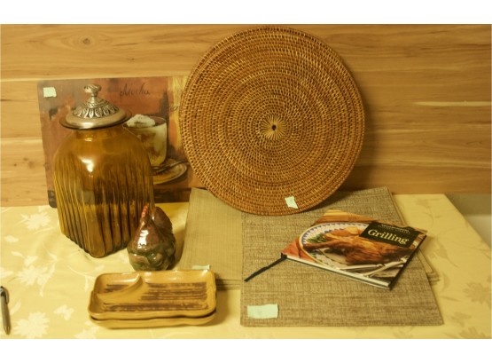(#2) Kitchen Items: Placemats Canister/rooster/decorative Plates/cook Book