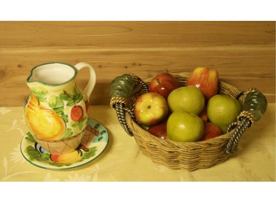 (#7) Basket Of Faux Fruit With Glass Handles/fruit Pitcher & Plate