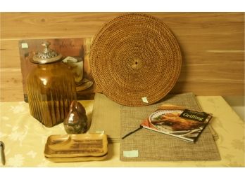 (#2) Kitchen Items: Placemats Canister/rooster/decorative Plates/cook Book