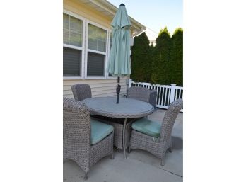 Outdoor Faux Wicker Table Aluminum Top With 4 Chairs Cushions And Umbrella