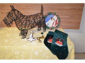 (#78) Christmas Decor, Light Up Dog, Mantel Holders, Stockings