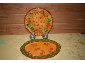 (#4) William Sonoma /hand Painted/Italy/ Lazy Susie & Sm. Bowl /  Rooster S&P Shaker & Platter