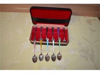 (#40L) Sterling / Porcelain Demitasse Spoon Set In Case