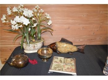 (#44L) Home Decor, 18'L Covered Fish, Faux Plant, Silver-plate Tea Pot