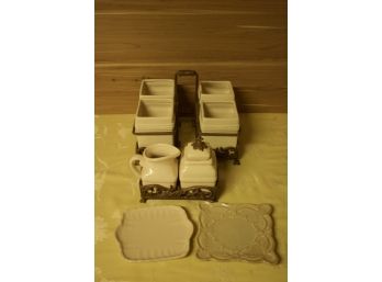 (#3)Belaverra : Pottery/ Creamer & Sugar W/stand Utencil Holder/ 2- Decorative Plates
