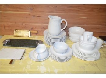 (#67) Assortment Of White Dishes (crate & Barrel)  2 Marble Cheese Boards (see Details)