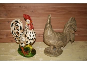 (#1) Decorative Rosters (2) Ceramic & Hand Cast  Hen Feather/resin