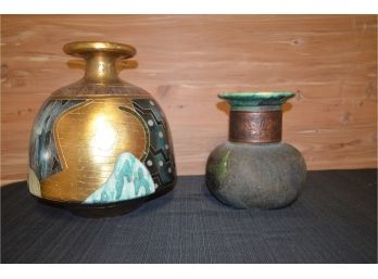 (#45L) Green Vase 10'H/ Gold Ceramic Vase 15'H