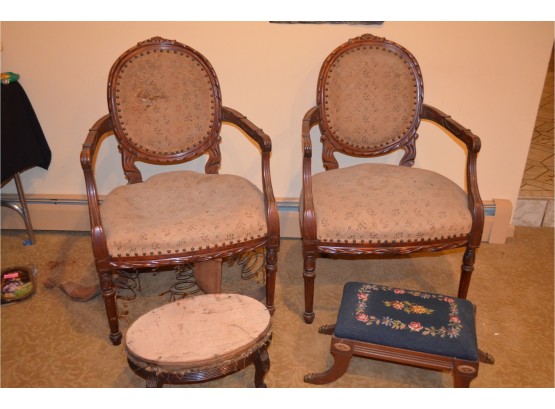 Antique  Queen Ann Chairs 100 Yrs Old / (2) Footstools
