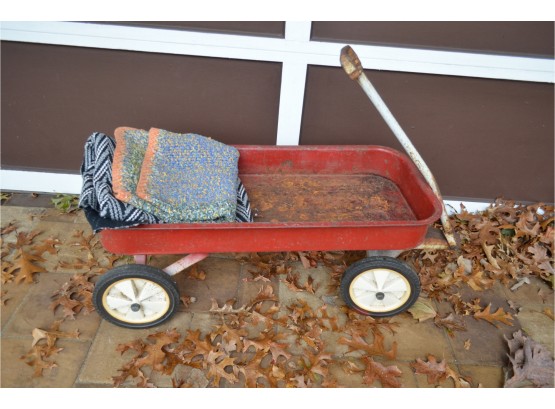 Vintage Red Wagon And Blanket