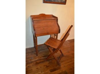 Vintage Child Roll Top Desk And Foldable Chair