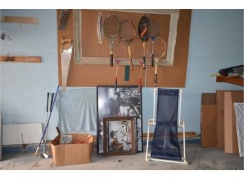 Assortment Of Garage (Wood Frame, Vintage Tennis Rackets, Etc.)