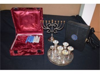 Silver Plate Cordial Cup With Tray And Menorah & The Holy Scriptures