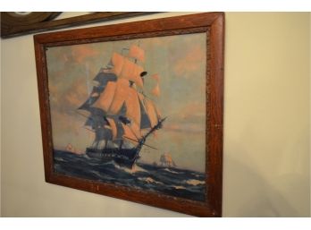 Vintage Wood Framed Sailing Ship Picture With Peep Hole
