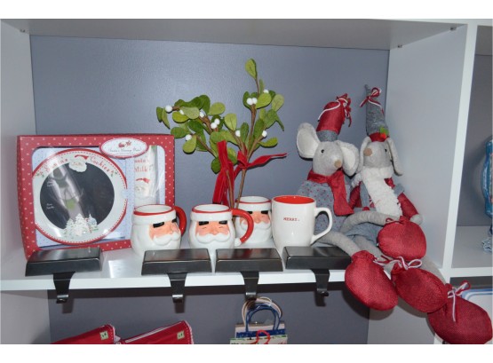 (#30) Christmas Mugs, (4) Pottery Barn Mantel Stocking Holder, NEW Santa Cookie Set, (2) Mouse Stuffed Toy