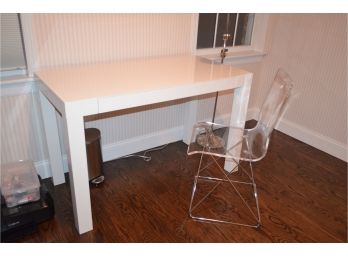 White Lacquer Desk (2 Drawer) With Lucite Chair