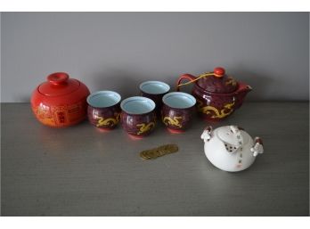 (#15) Asian Tea Set And Coins