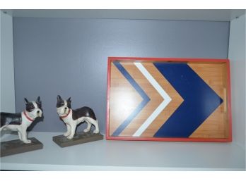 (#42) 2 Dog Book Ends, Wood Tray