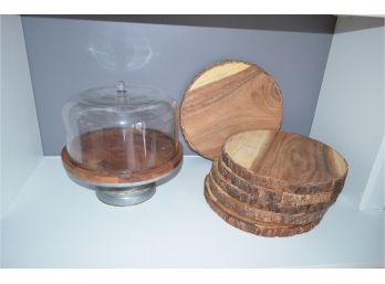 (#27) Covered Pedestal Cake Plate Holder, (6) Wood Round Board