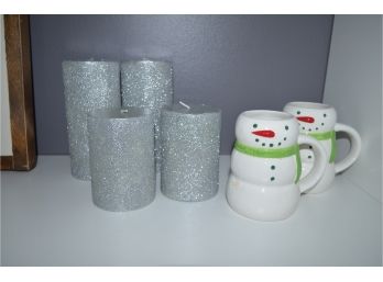(#34) Snowman Mugs (2), Silver Candles (4)