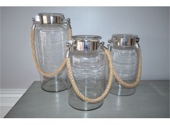 (#4) Glass Lantern With Rope Handles (see Description For Heights)