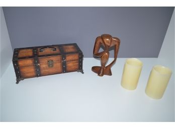 (#37) Wood Box, Battery Candles (2), Wood Statue