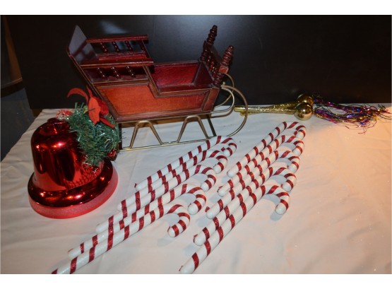 (#17) Red Wood Sled, Red Decoration Bell, Candy Canes