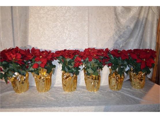 (1a) 6 Artificial Poinsettia Plant In 6'pot Wrapped With Gold Foil Paper