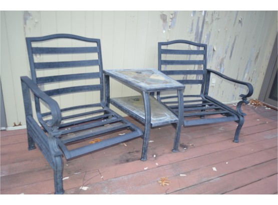 Outdoor Cast Aluminum Sitting Chairs With Attached Umbrella Table