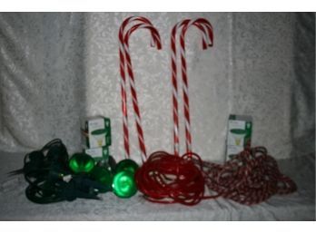 (#13a) 2 -sets Of Flood Spotlights  4- Plastic Candy Canes2 -set Of Rope Lights Extra Flood Spotlights Bulb